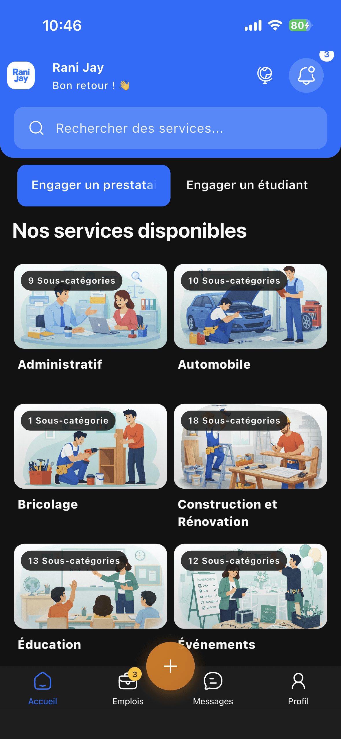 Écran original de Rani Jay : catégories de services, en français