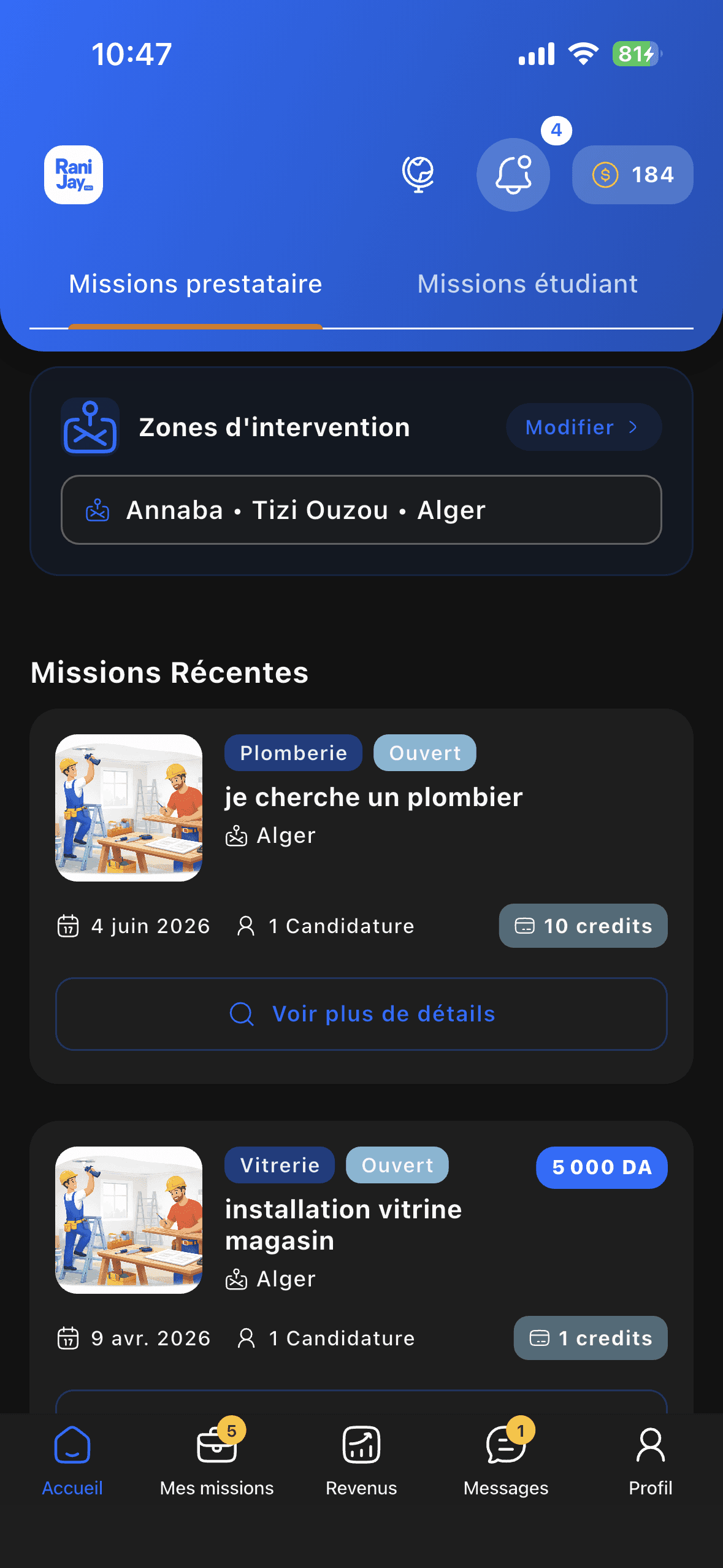 Écran original de Rani Jay Pro : zones d’intervention et missions, en français